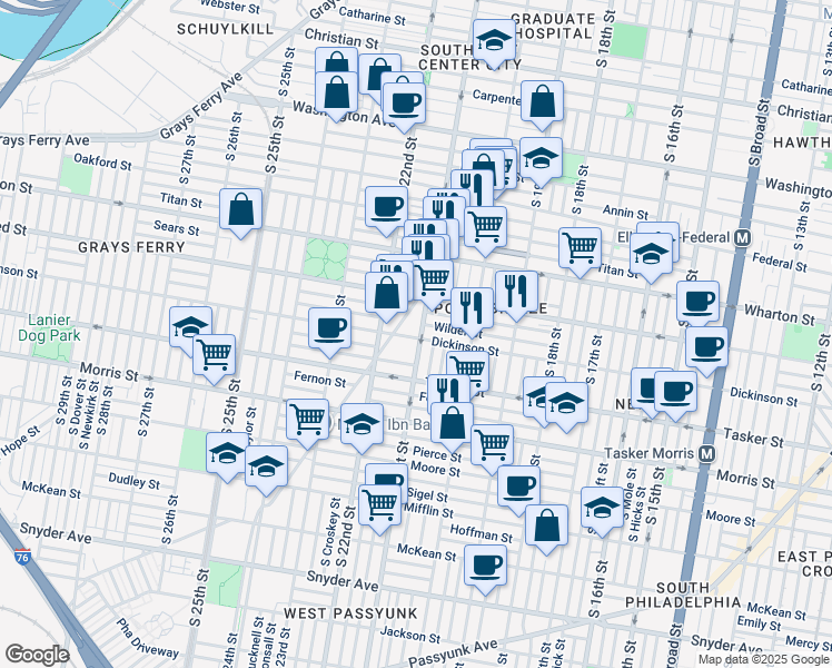 map of restaurants, bars, coffee shops, grocery stores, and more near 1446 South 21st Street in Philadelphia