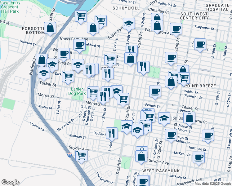 map of restaurants, bars, coffee shops, grocery stores, and more near 1547 South Bailey Street in Philadelphia