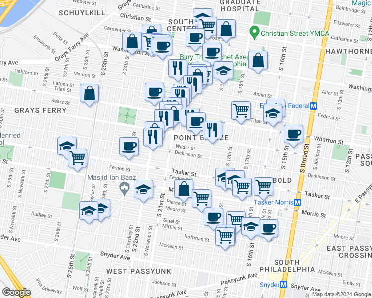 map of restaurants, bars, coffee shops, grocery stores, and more near 2016 Wilder Street in Philadelphia