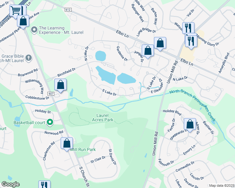 map of restaurants, bars, coffee shops, grocery stores, and more near 1A Sumac Court in Mount Laurel Township
