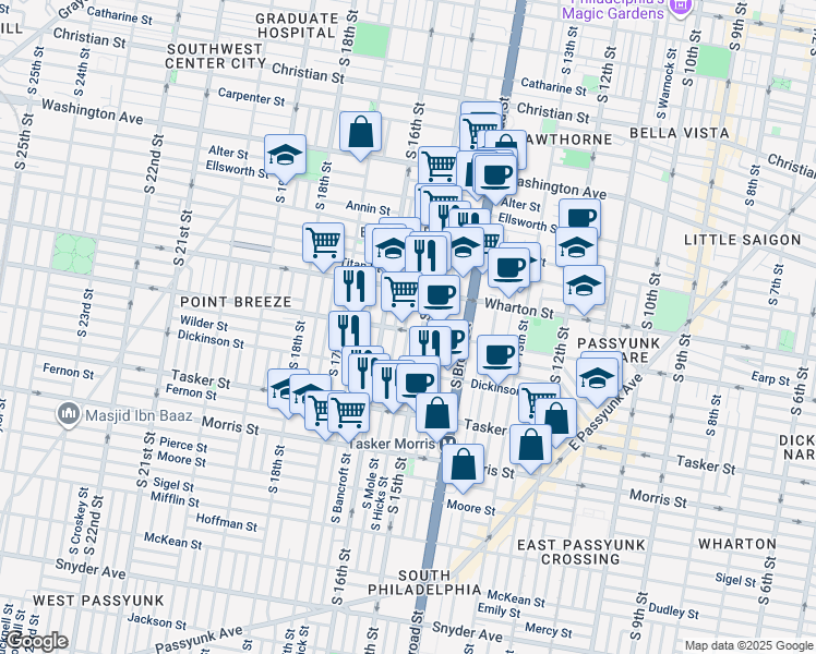 map of restaurants, bars, coffee shops, grocery stores, and more near 1345 South Hicks Street in Philadelphia
