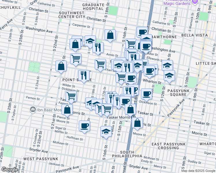 map of restaurants, bars, coffee shops, grocery stores, and more near 1413 South 17th Street in Philadelphia