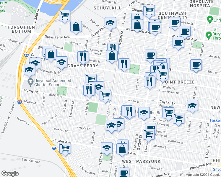 map of restaurants, bars, coffee shops, grocery stores, and more near 1520 South 25th Street in Philadelphia