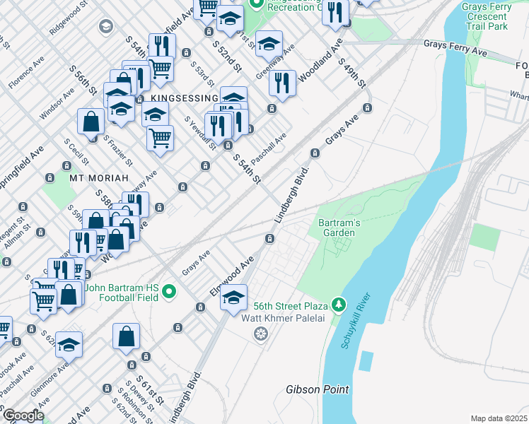 map of restaurants, bars, coffee shops, grocery stores, and more near 5400 Grays Avenue in Philadelphia