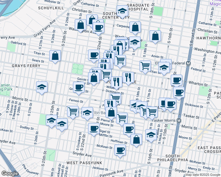map of restaurants, bars, coffee shops, grocery stores, and more near 2030 Wilder Street in Philadelphia
