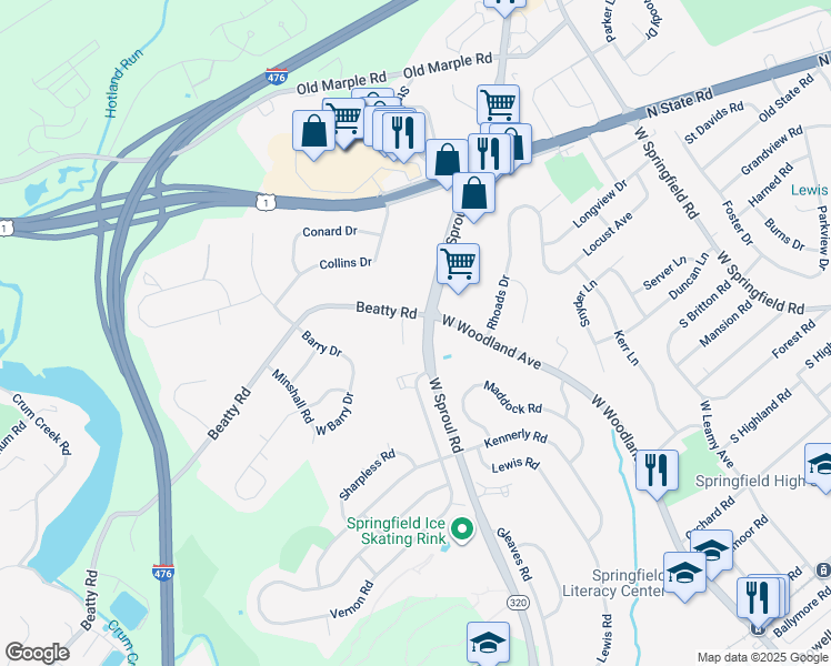 map of restaurants, bars, coffee shops, grocery stores, and more near in Springfield