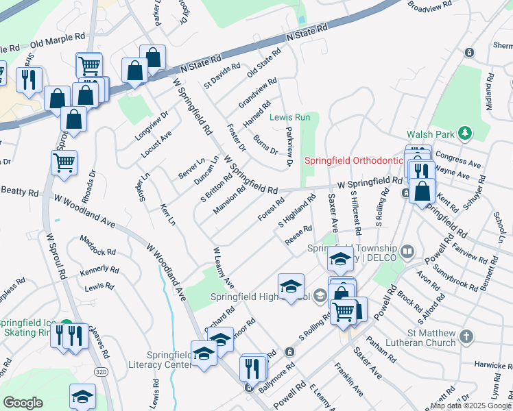 map of restaurants, bars, coffee shops, grocery stores, and more near 31 Shelburne Road in Springfield
