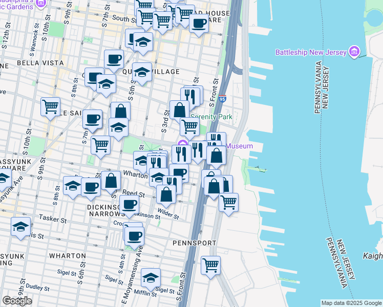 map of restaurants, bars, coffee shops, grocery stores, and more near 130 Alter Street in Philadelphia