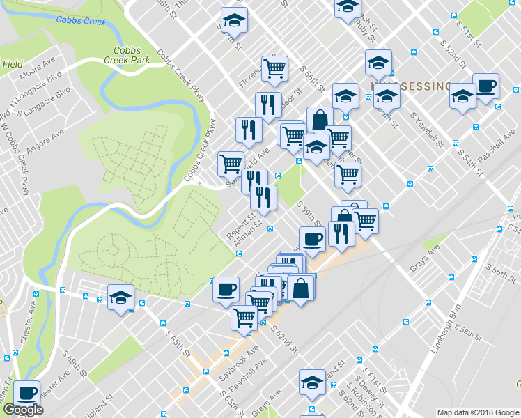 map of restaurants, bars, coffee shops, grocery stores, and more near 1919 South 60th Street in Philadelphia