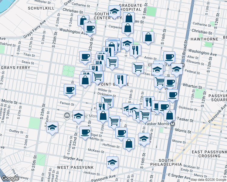 map of restaurants, bars, coffee shops, grocery stores, and more near 1929 Dickinson Street in Philadelphia