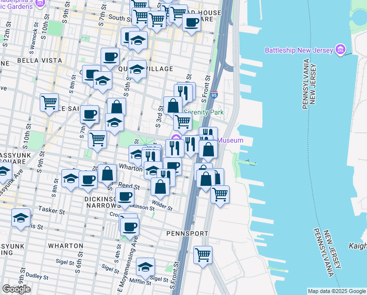 map of restaurants, bars, coffee shops, grocery stores, and more near 130 Alter Street in Philadelphia