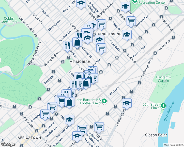 map of restaurants, bars, coffee shops, grocery stores, and more near 2131 South Cecil Street in Philadelphia