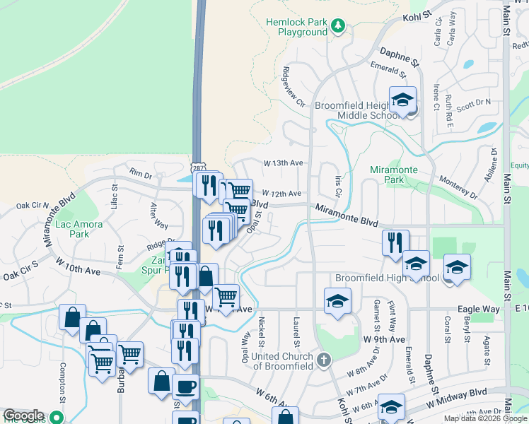 map of restaurants, bars, coffee shops, grocery stores, and more near 1190 Opal Street in Broomfield
