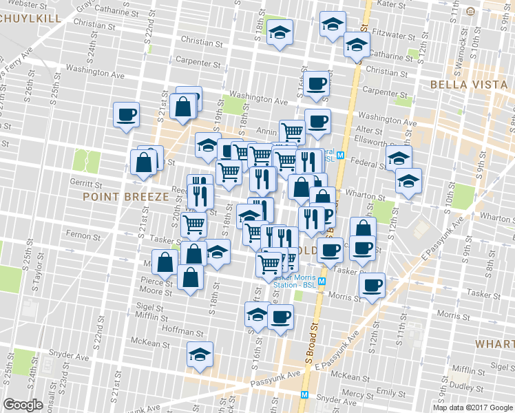 map of restaurants, bars, coffee shops, grocery stores, and more near 1638 Reed Street in Philadelphia