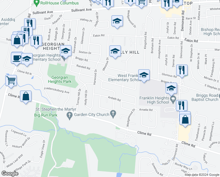 map of restaurants, bars, coffee shops, grocery stores, and more near 980 Melwood Drive in Columbus