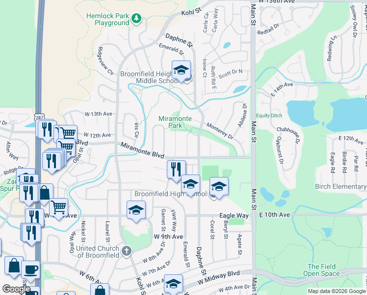 map of restaurants, bars, coffee shops, grocery stores, and more near 1325 Fresno Court in Broomfield