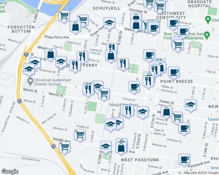 map of restaurants, bars, coffee shops, grocery stores, and more near 1514 South 25th Street in Philadelphia