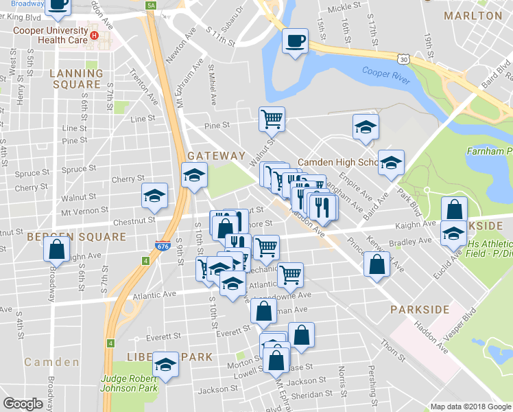 map of restaurants, bars, coffee shops, grocery stores, and more near 1185 Chestnut Street in Camden