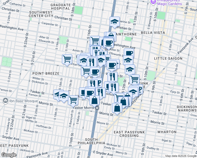 map of restaurants, bars, coffee shops, grocery stores, and more near 1336 South Broad Street in Philadelphia