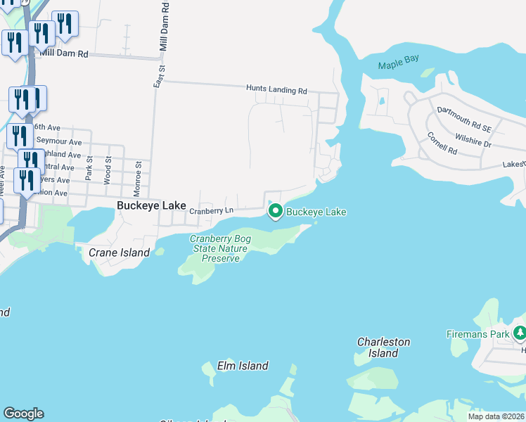 map of restaurants, bars, coffee shops, grocery stores, and more near 324 Cranberry Lane in Buckeye Lake