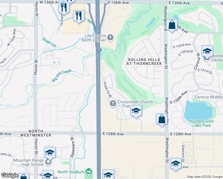 map of restaurants, bars, coffee shops, grocery stores, and more near 13040 Grant Circle West in Thornton