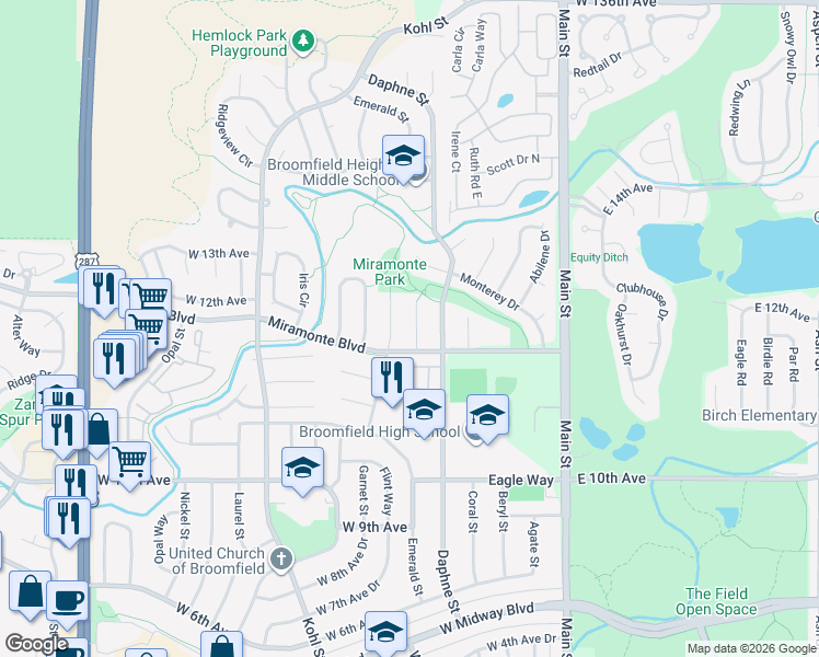 map of restaurants, bars, coffee shops, grocery stores, and more near 1325 Fresno Court in Broomfield