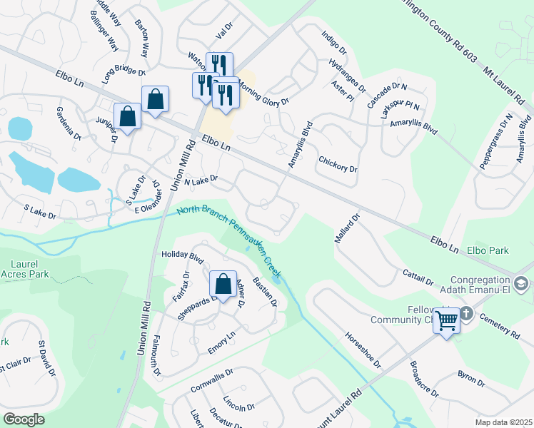 map of restaurants, bars, coffee shops, grocery stores, and more near 8 East Cortland Court in Mount Laurel