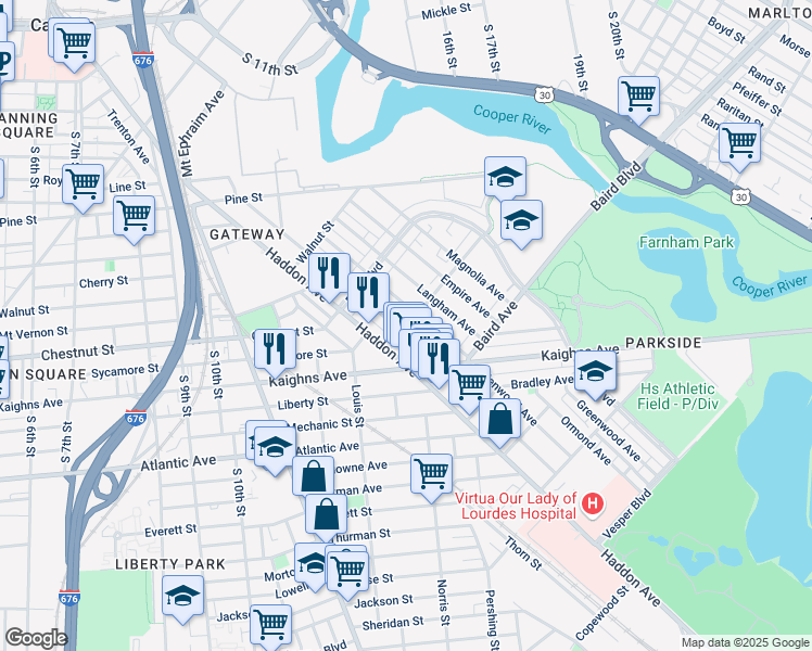 map of restaurants, bars, coffee shops, grocery stores, and more near 1189 Haddon Avenue in Camden
