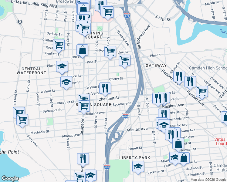 map of restaurants, bars, coffee shops, grocery stores, and more near 708 Mount Vernon Street in Camden