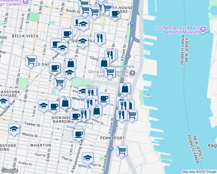 map of restaurants, bars, coffee shops, grocery stores, and more near 130 Ellsworth Street in Philadelphia