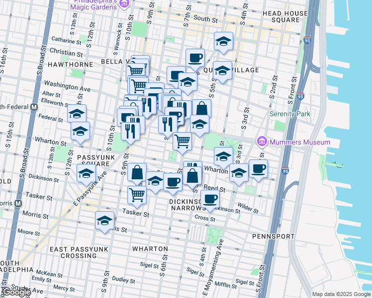map of restaurants, bars, coffee shops, grocery stores, and more near 538 Federal Street in Philadelphia