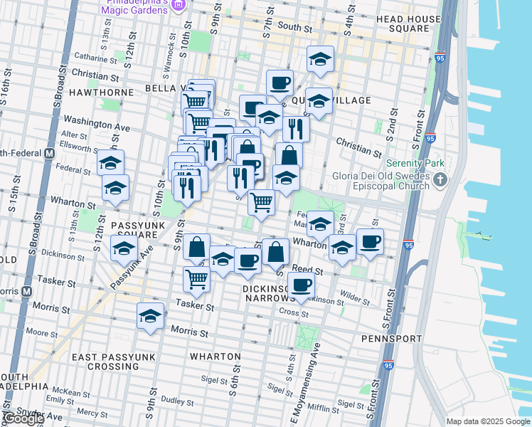 map of restaurants, bars, coffee shops, grocery stores, and more near 1226 South 6th Street in Philadelphia