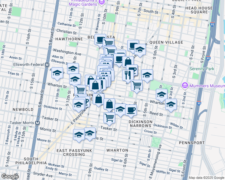 map of restaurants, bars, coffee shops, grocery stores, and more near 1241 South 8th Street in Philadelphia