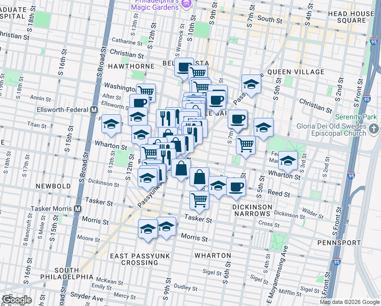 map of restaurants, bars, coffee shops, grocery stores, and more near 846 Wharton Street in Philadelphia