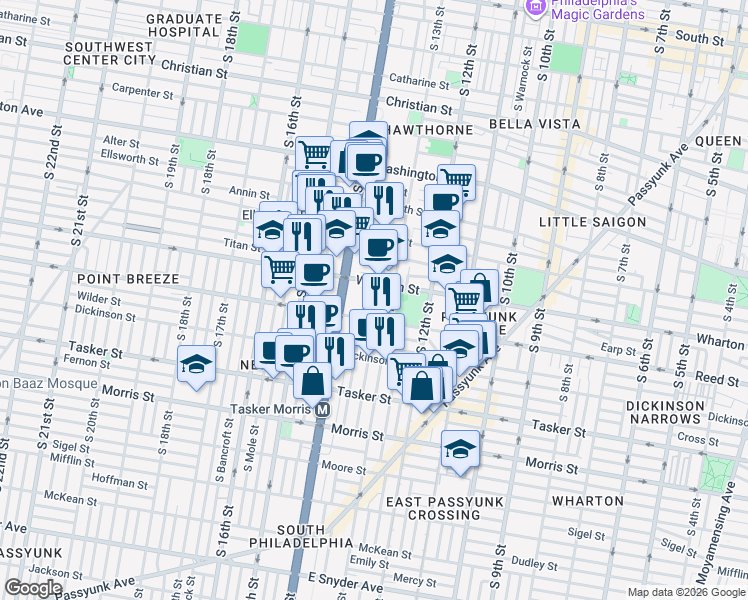 map of restaurants, bars, coffee shops, grocery stores, and more near 1323 Reed Street in Philadelphia