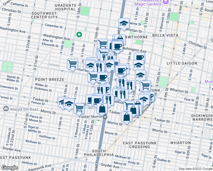 map of restaurants, bars, coffee shops, grocery stores, and more near 1336 South Broad Street in Philadelphia