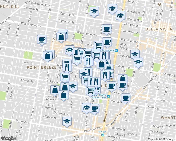 map of restaurants, bars, coffee shops, grocery stores, and more near 1413 South 17th Street in Philadelphia