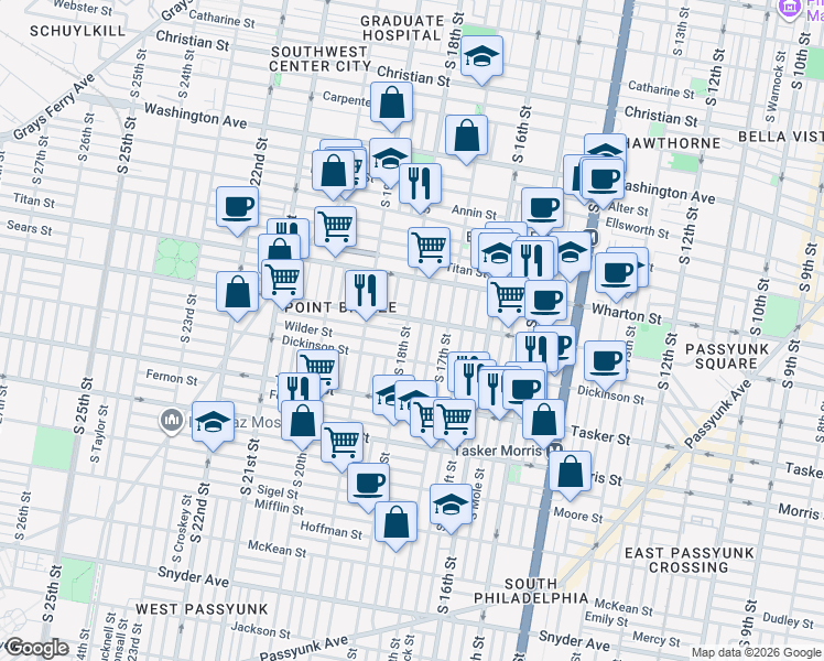 map of restaurants, bars, coffee shops, grocery stores, and more near 1428 South Bouvier Street in Philadelphia