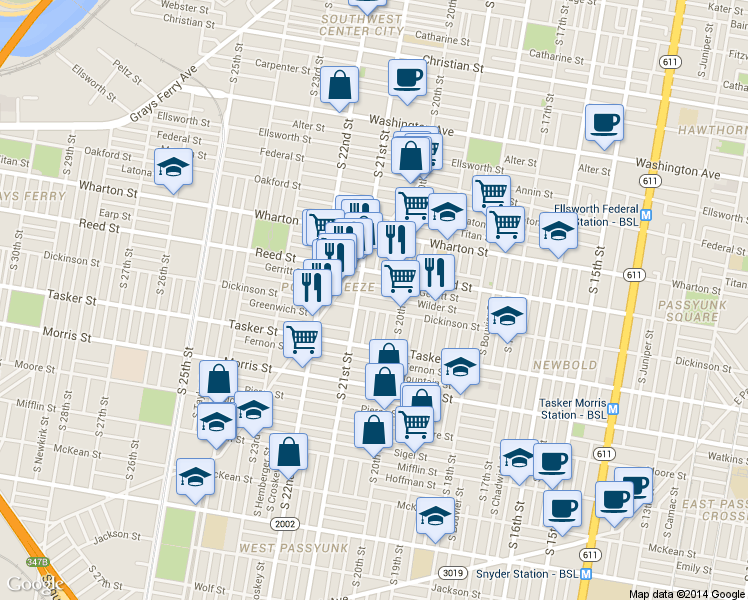 map of restaurants, bars, coffee shops, grocery stores, and more near 2020 Dickinson Street in Philadelphia