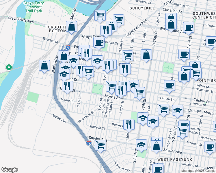 map of restaurants, bars, coffee shops, grocery stores, and more near 1622 South Newkirk Street in Philadelphia