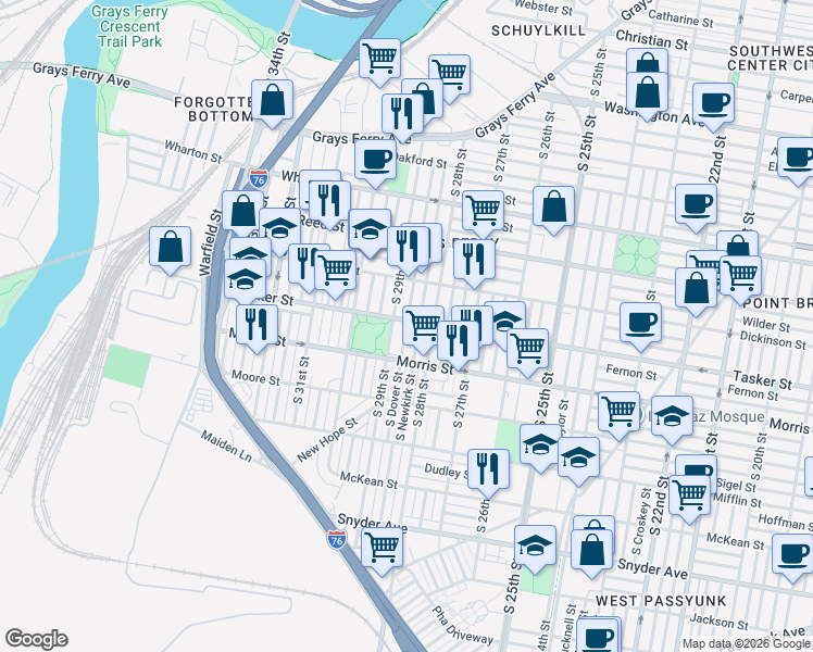 map of restaurants, bars, coffee shops, grocery stores, and more near 1622 South Newkirk Street in Philadelphia