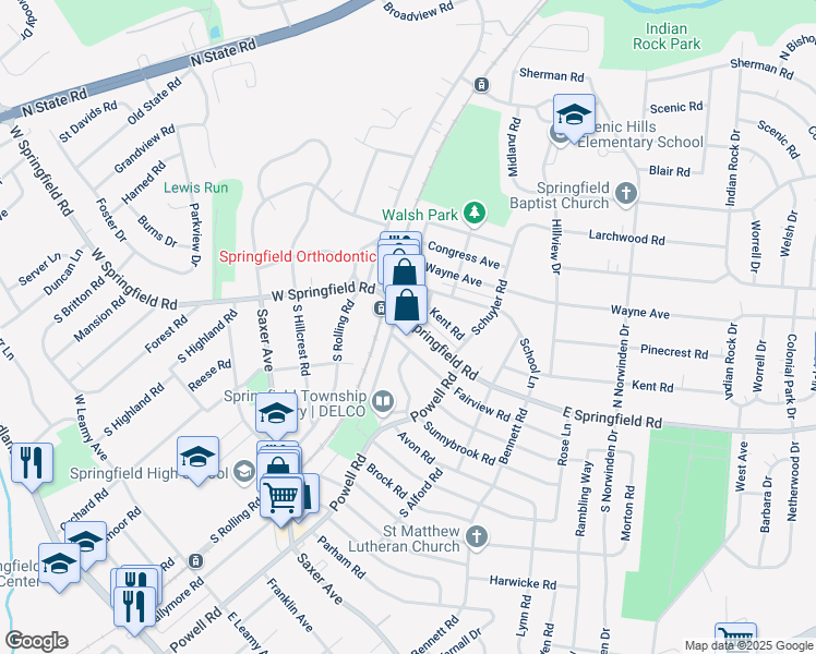 map of restaurants, bars, coffee shops, grocery stores, and more near 100 East Springfield Road in Springfield
