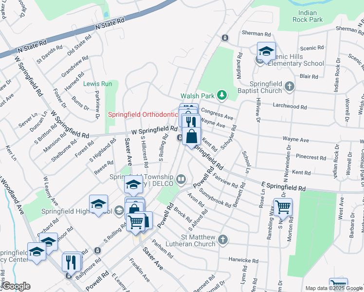 map of restaurants, bars, coffee shops, grocery stores, and more near 28 South Brookside Road in Springfield