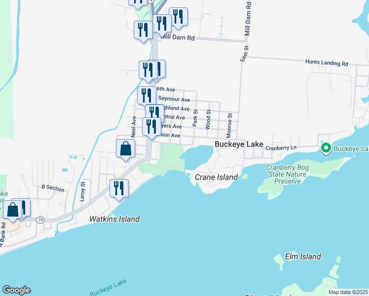 map of restaurants, bars, coffee shops, grocery stores, and more near 69-73 Mill Street in Buckeye Lake