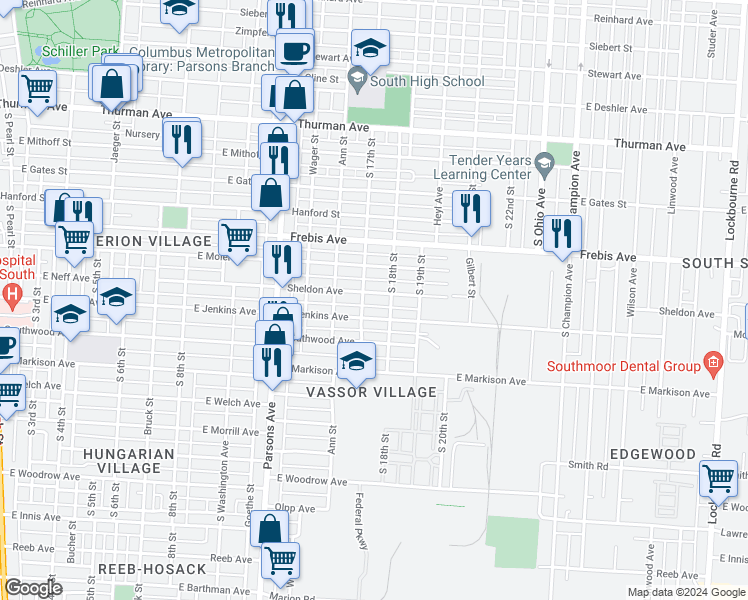 map of restaurants, bars, coffee shops, grocery stores, and more near 592 East Jenkins Avenue in Columbus