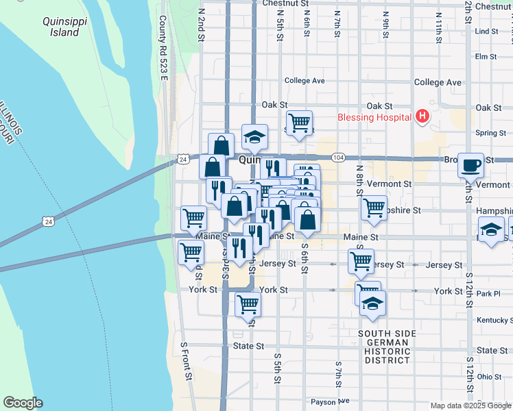 map of restaurants, bars, coffee shops, grocery stores, and more near 131n North 4th Street in Quincy