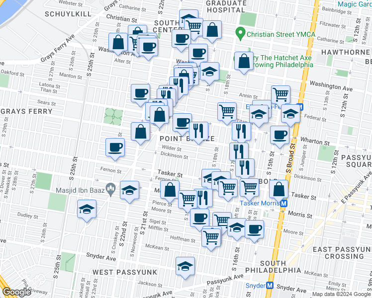map of restaurants, bars, coffee shops, grocery stores, and more near 1935 Wilder Street in Philadelphia