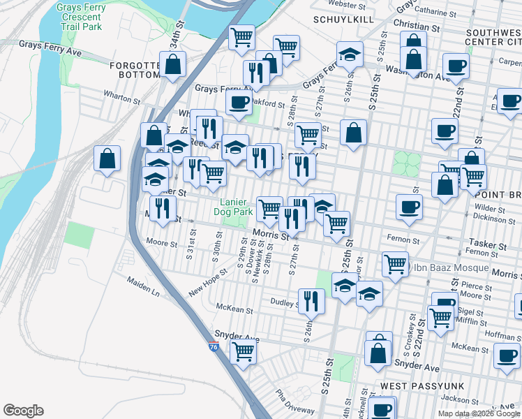 map of restaurants, bars, coffee shops, grocery stores, and more near 1622 South Newkirk Street in Philadelphia