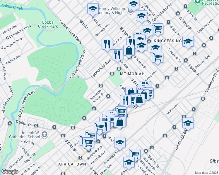 map of restaurants, bars, coffee shops, grocery stores, and more near 2001 South Salford Street in Philadelphia