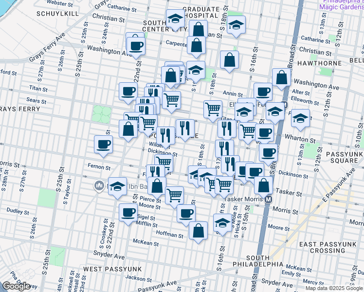 map of restaurants, bars, coffee shops, grocery stores, and more near 1418 South 19th Street in Philadelphia